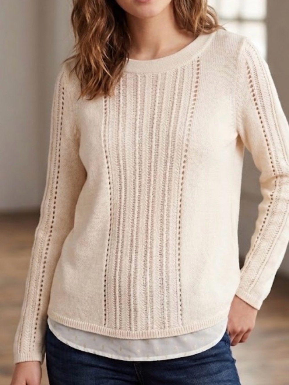 Lucky Brand Cream Pointelle Crewneck Sweater